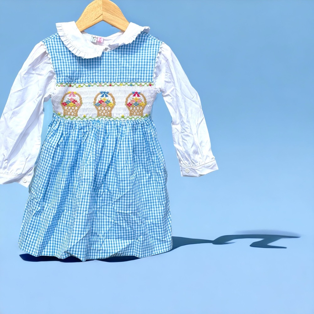 Two Silly Kids Gingham smocked embroidered dress with collar shirt